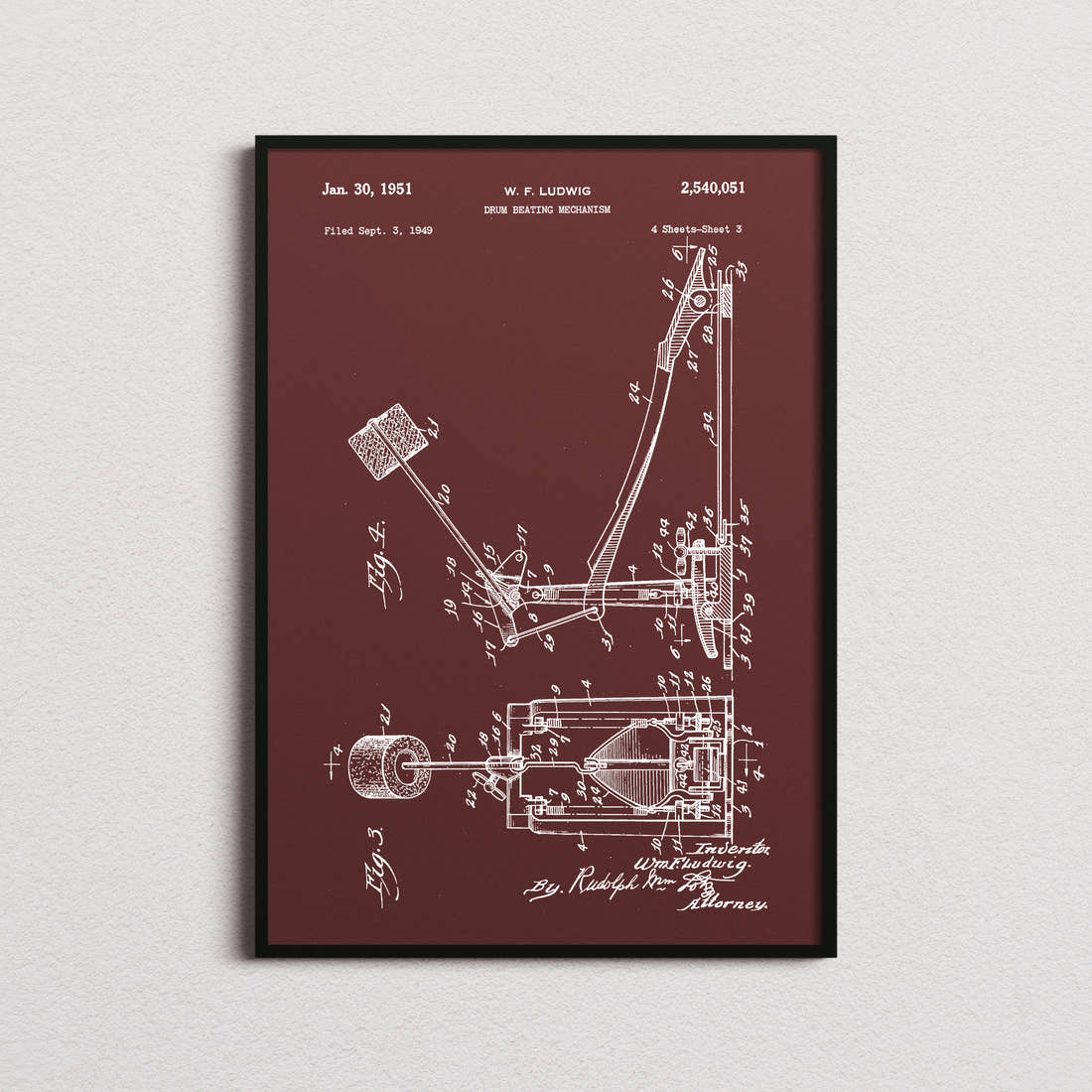 Drum Beating Mechanism Patent Print in the burgundy colourway, framed