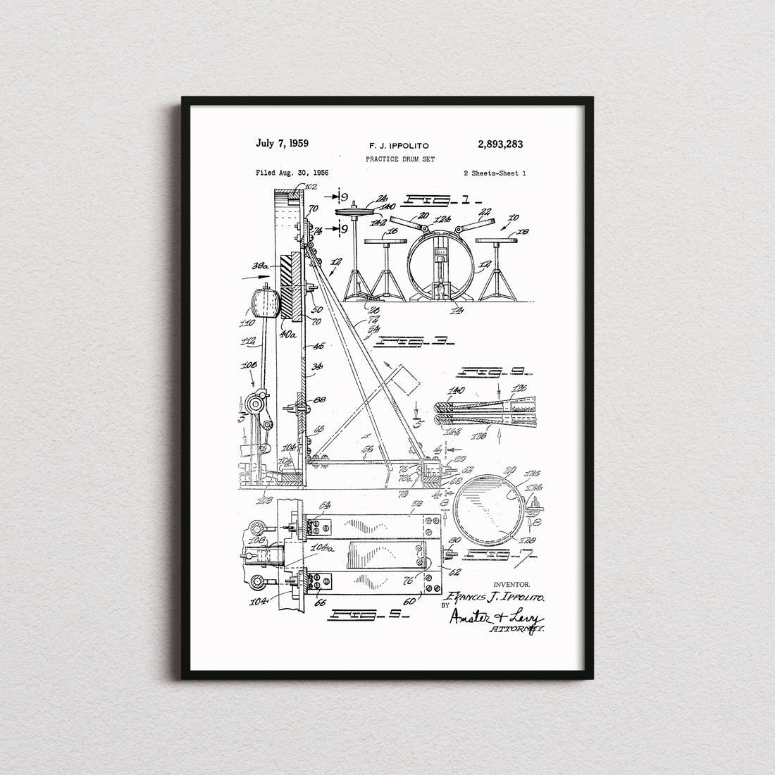 Drum Set Patent Print in the white colourway, framed