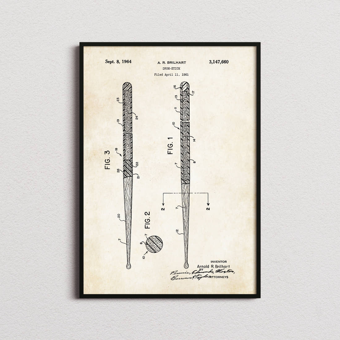 Drum Stick Patent Print in the aged paper colourway, framed