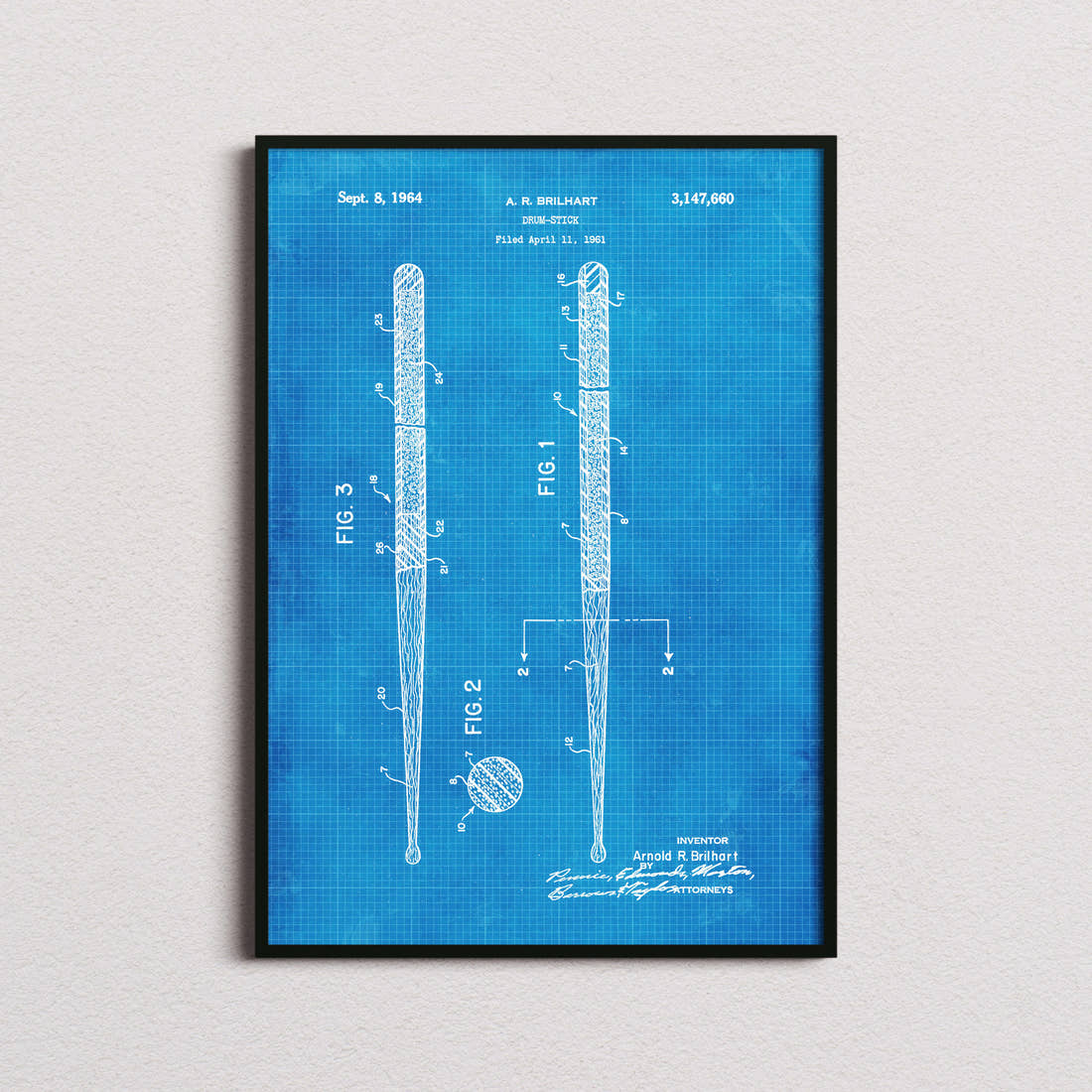Drum Stick Patent Print in the blueprint colourway, framed