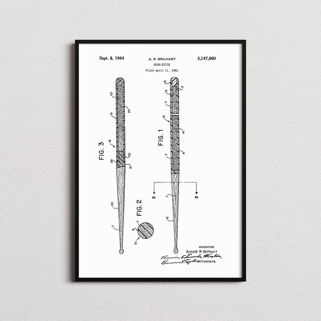 Drum Stick Patent Print in the white colourway, framed