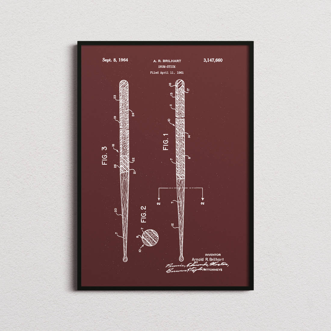 Drum Stick Patent Print in the burgundy colourway, framed