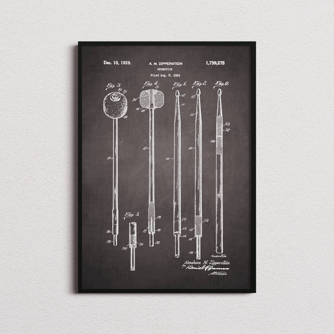 Drumstick Patent Print in the blackboard colourway, framed