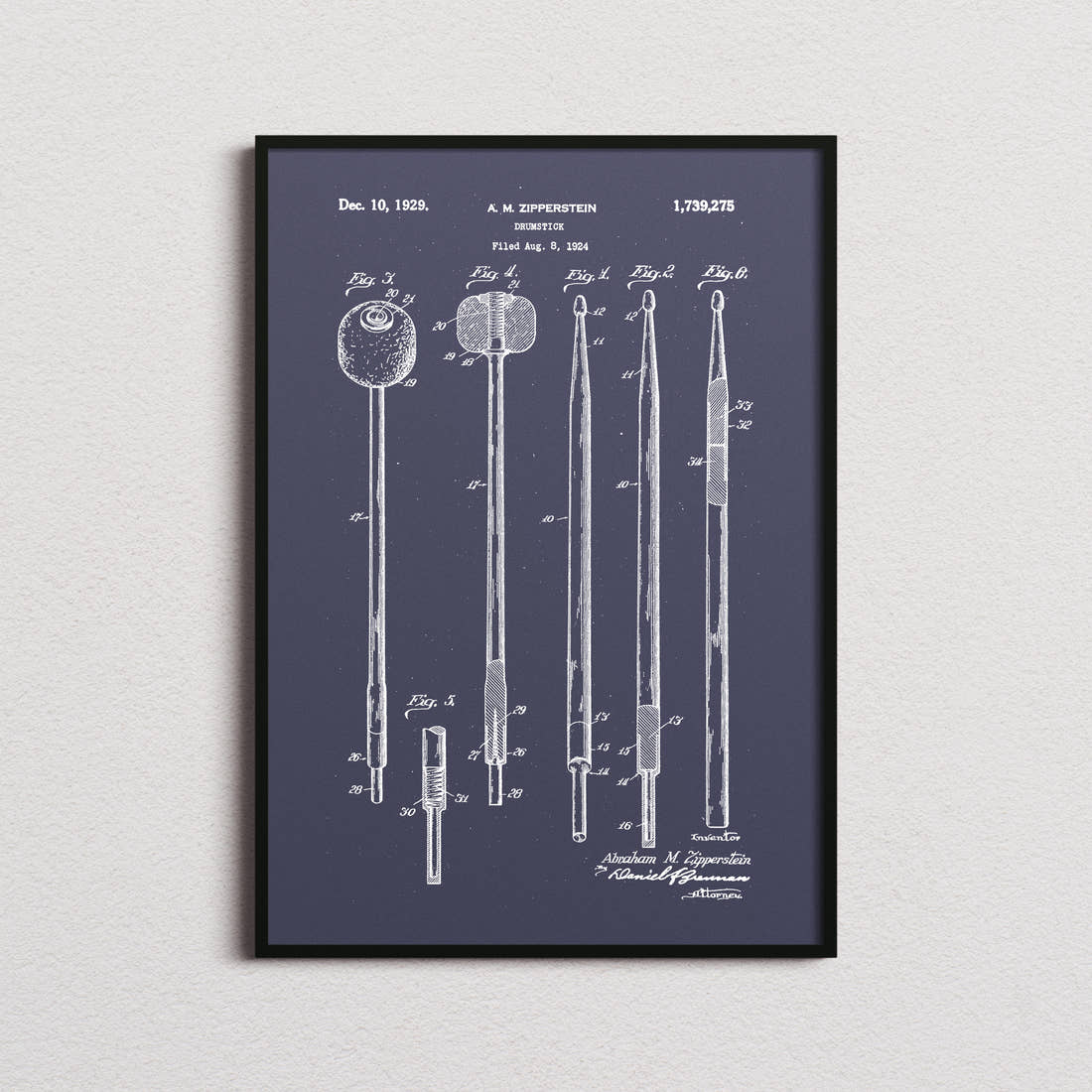 Drumstick Patent Print in the navy colourway, framed