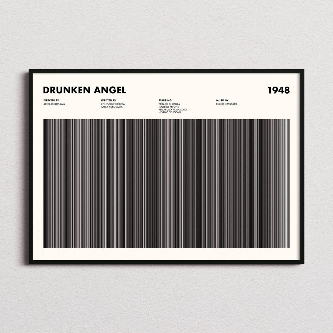Drunken Angel Movie Barcode Poster framed and photographed straight on