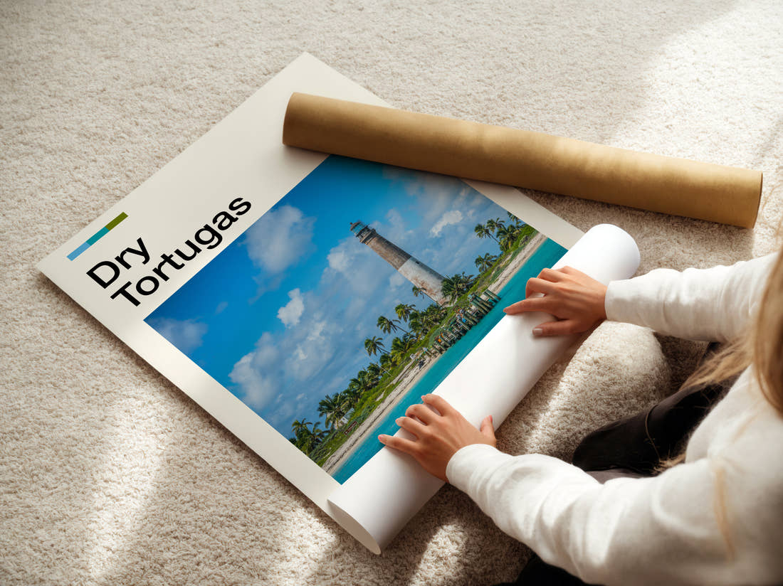 Dry Tortugas Travel Print being unrolled from its postal tube