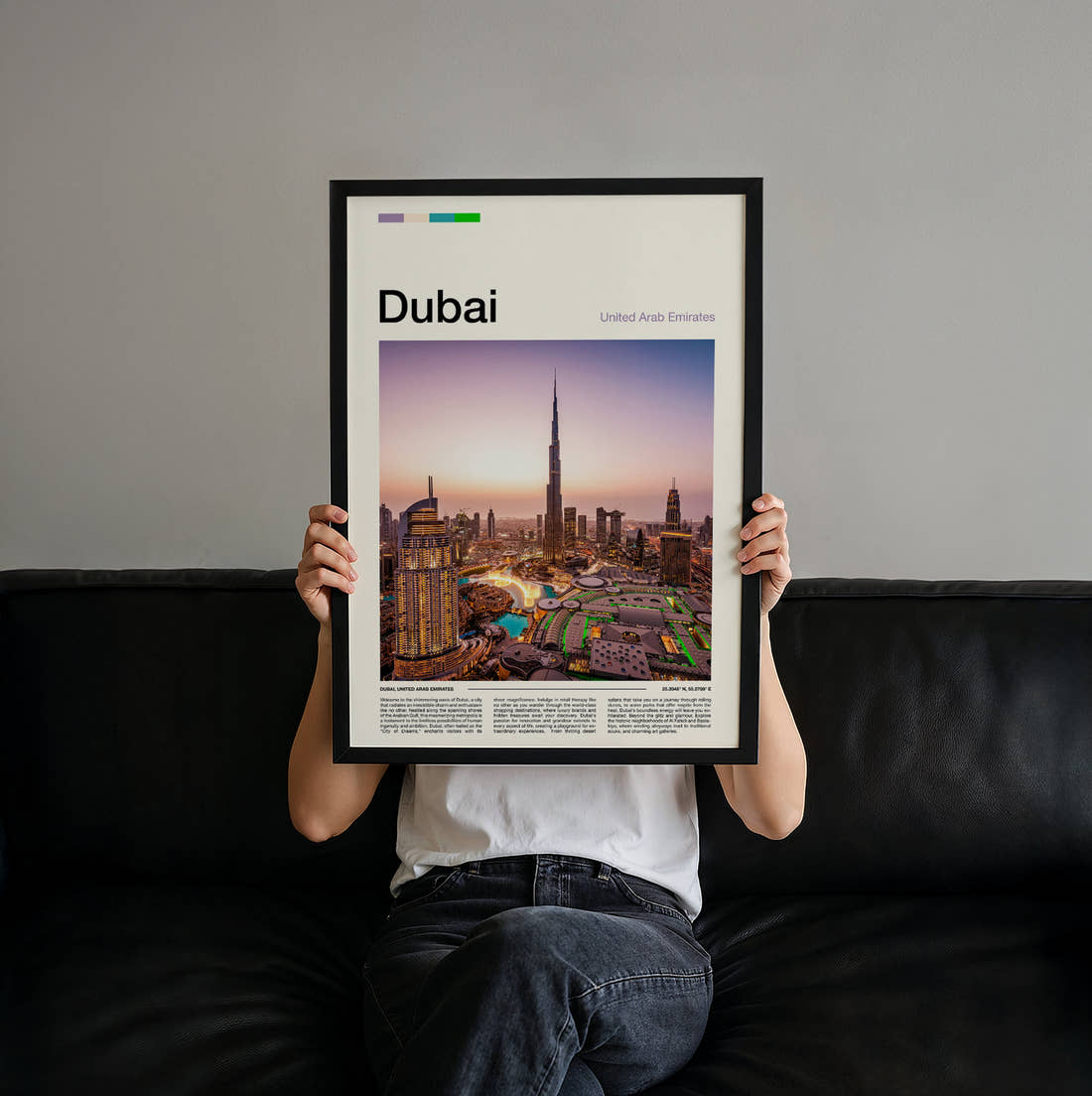 Dubai Burj Khalifa At Dusk Travel Print held up by hand to show the size of the print
