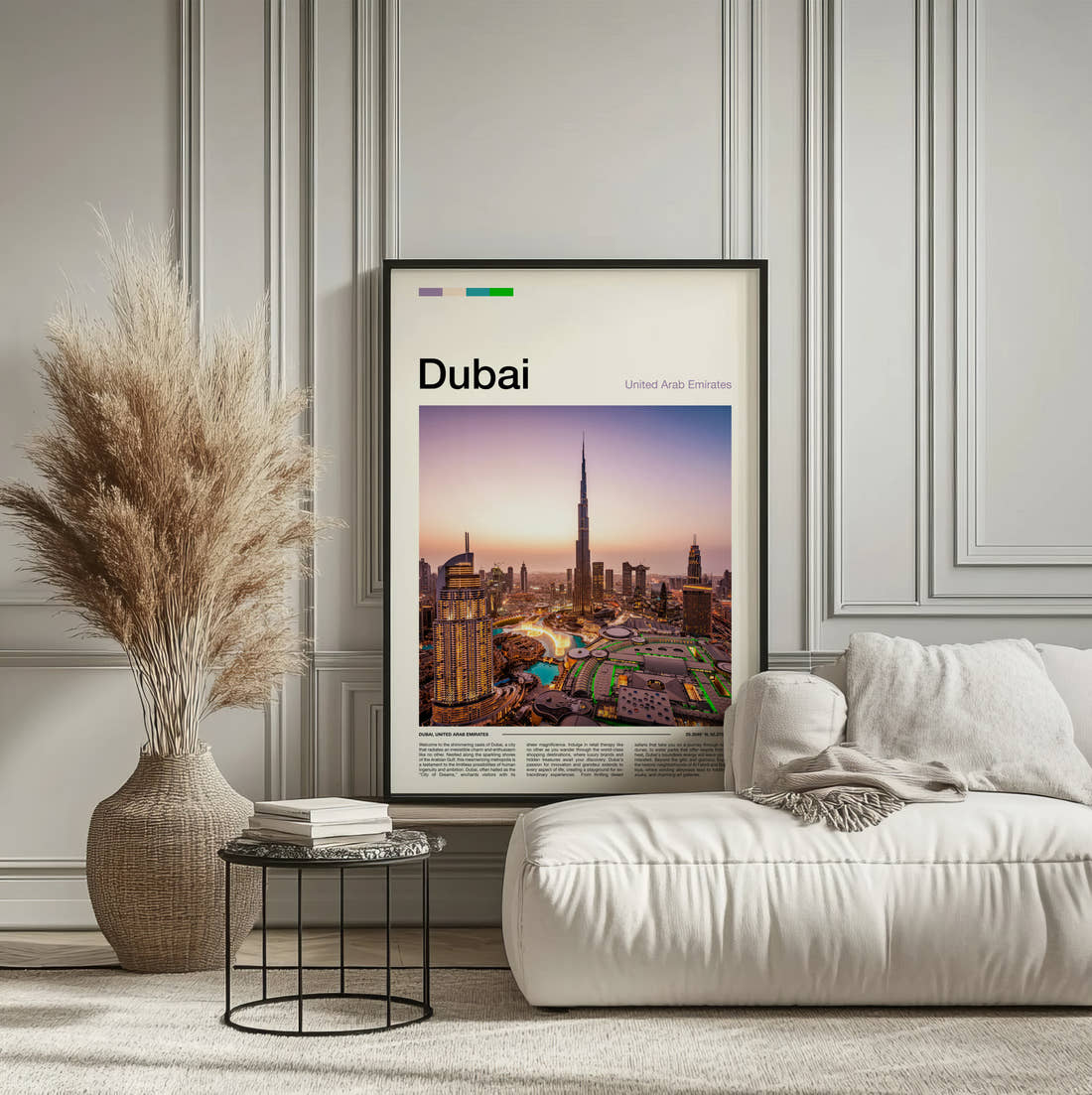 Dubai Burj Khalifa At Dusk Travel Print framed on the wall of a calm, neutral bedroom