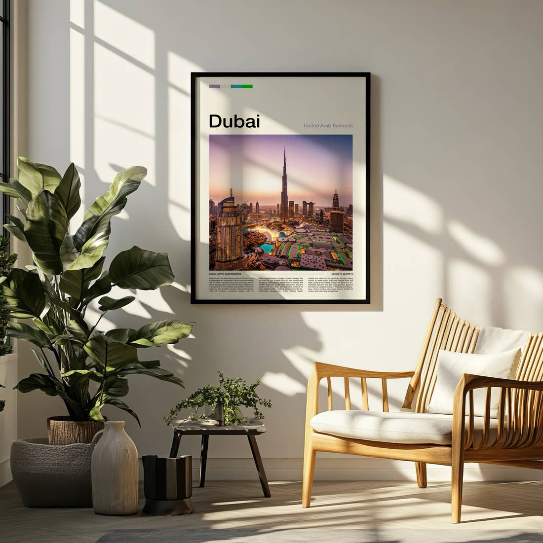 Dubai Burj Khalifa At Dusk Travel Print framed on a pale wall beside houseplants