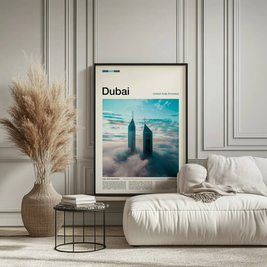 Dubai Towers Above The Clouds Travel Print framed on the wall of a calm, neutral bedroom