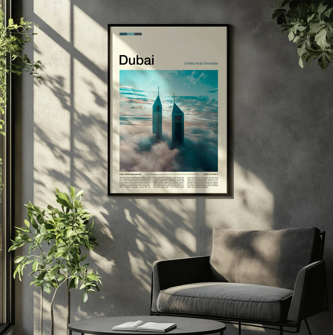 Dubai Towers Above The Clouds Travel Print framed on the wall of a relaxed living room