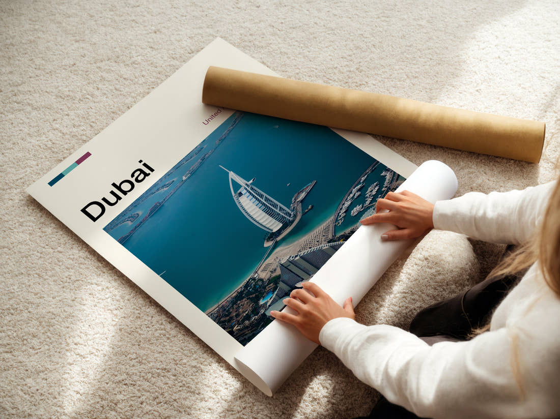 Dubai Burj Al Arab Travel Print being unrolled from its postal tube
