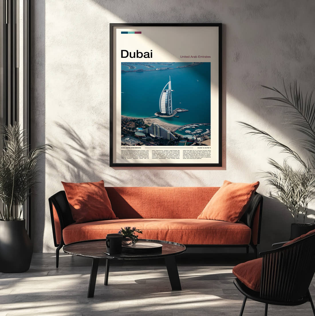 Dubai Burj Al Arab Travel Print framed on the wall of a modern living room