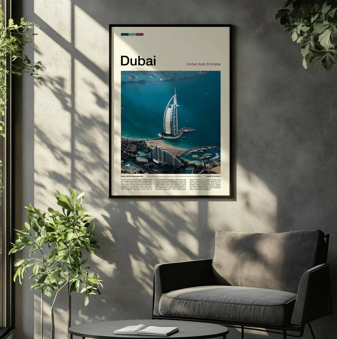 Dubai Burj Al Arab Travel Print framed on the wall of a relaxed living room