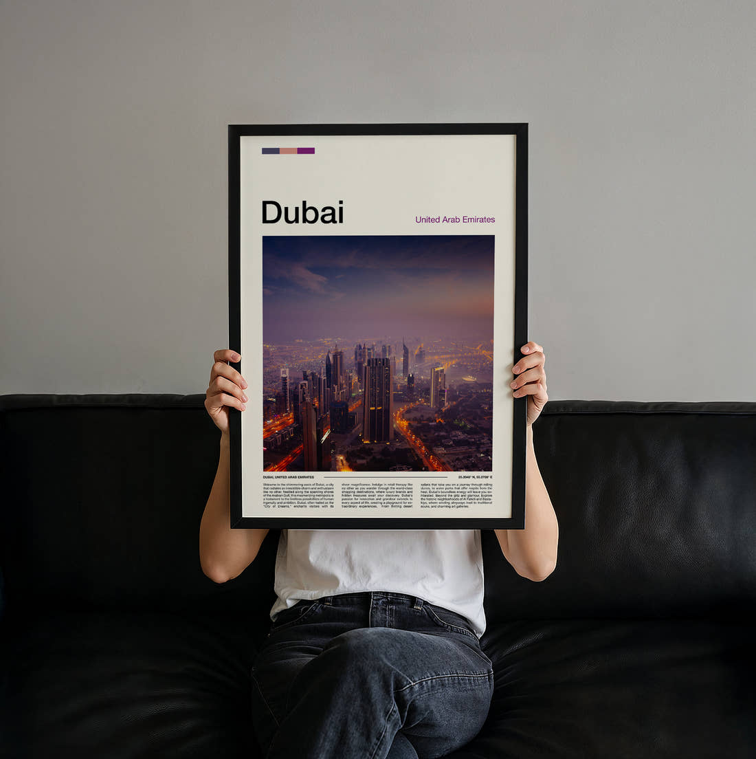 Dubai Night Skyline Travel Print held up by hand to show the size of the print