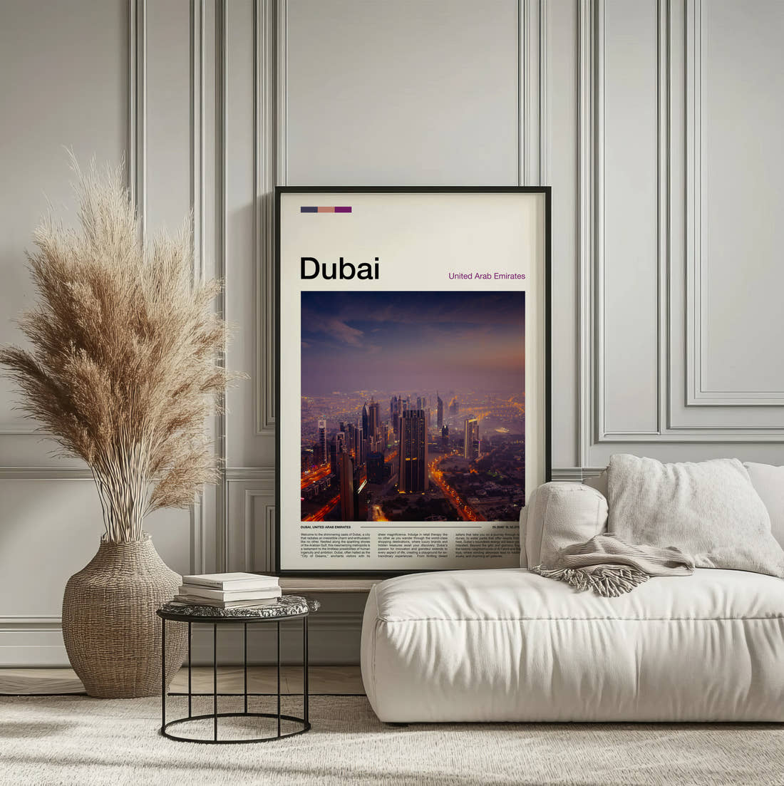 Dubai Night Skyline Travel Print framed on the wall of a calm, neutral bedroom