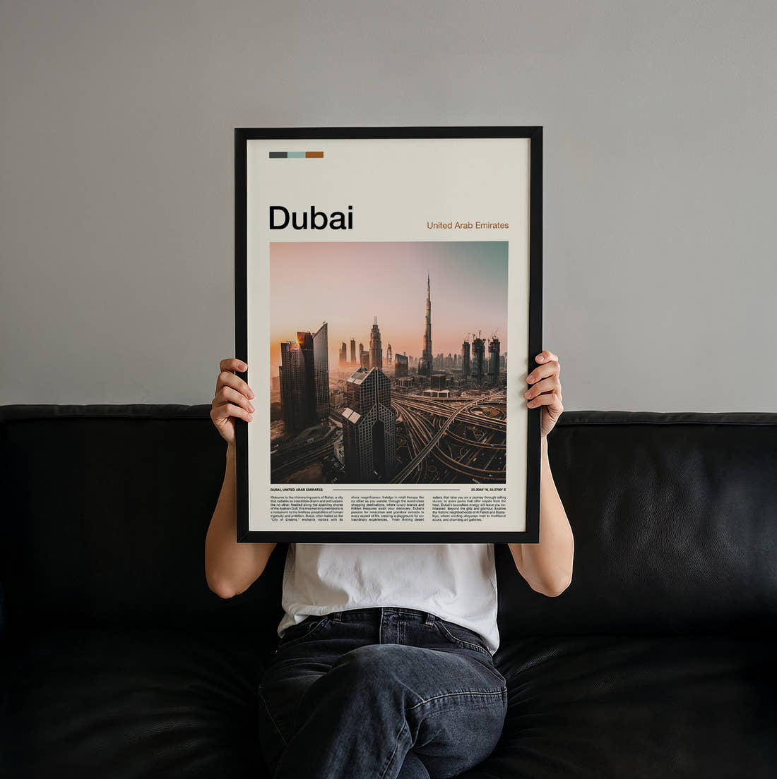 Dubai Skyline And Motorways Travel Print held up by hand to show the size of the print