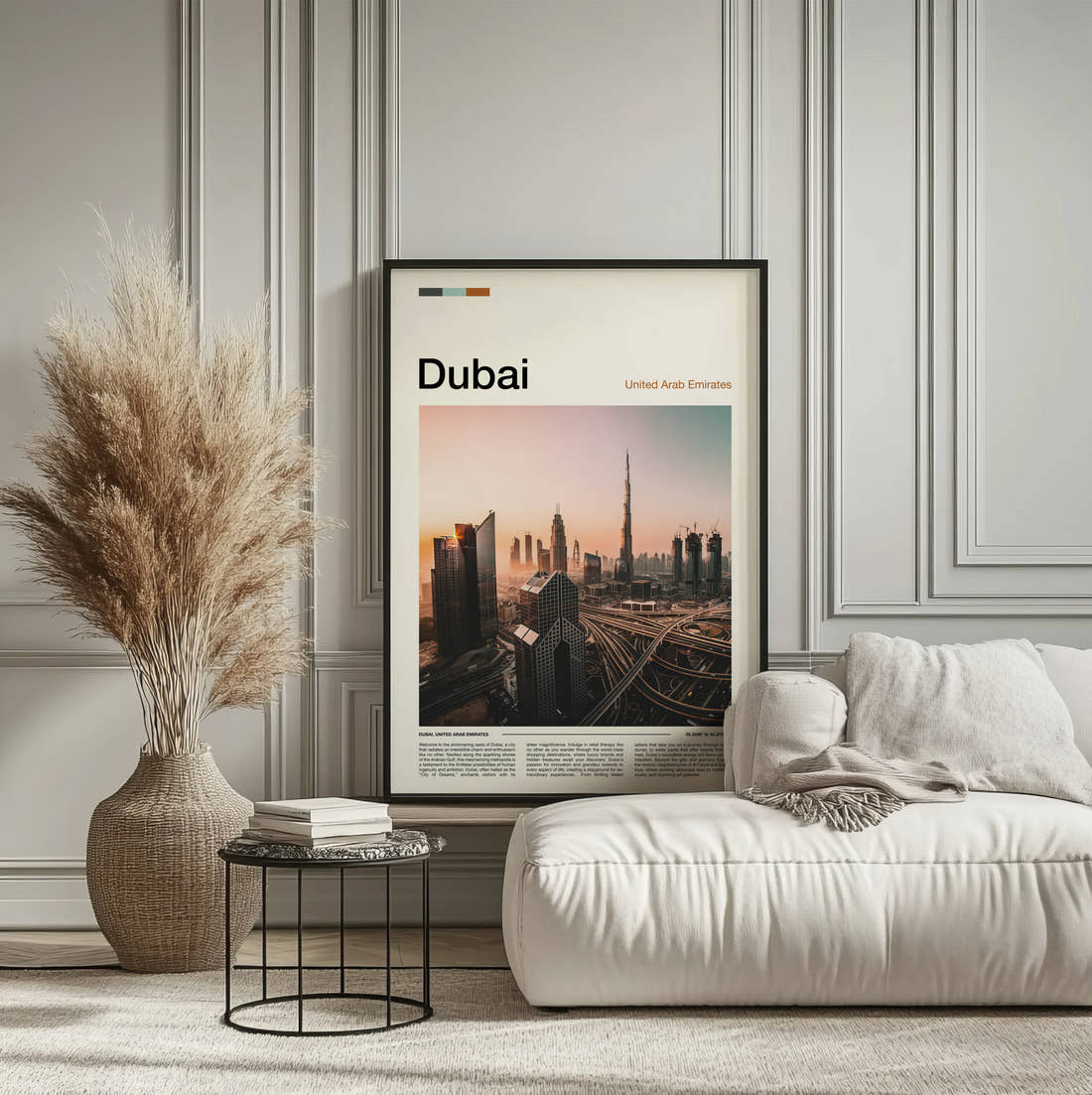 Dubai Skyline And Motorways Travel Print framed on the wall of a calm, neutral bedroom