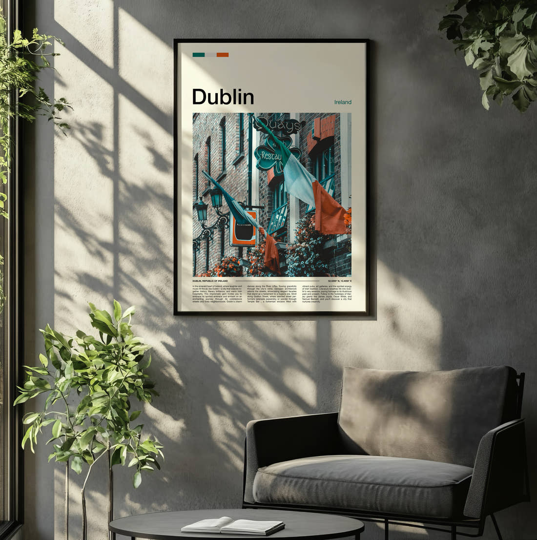 Dublin Irish Flags Travel Print framed on the wall of a relaxed living room