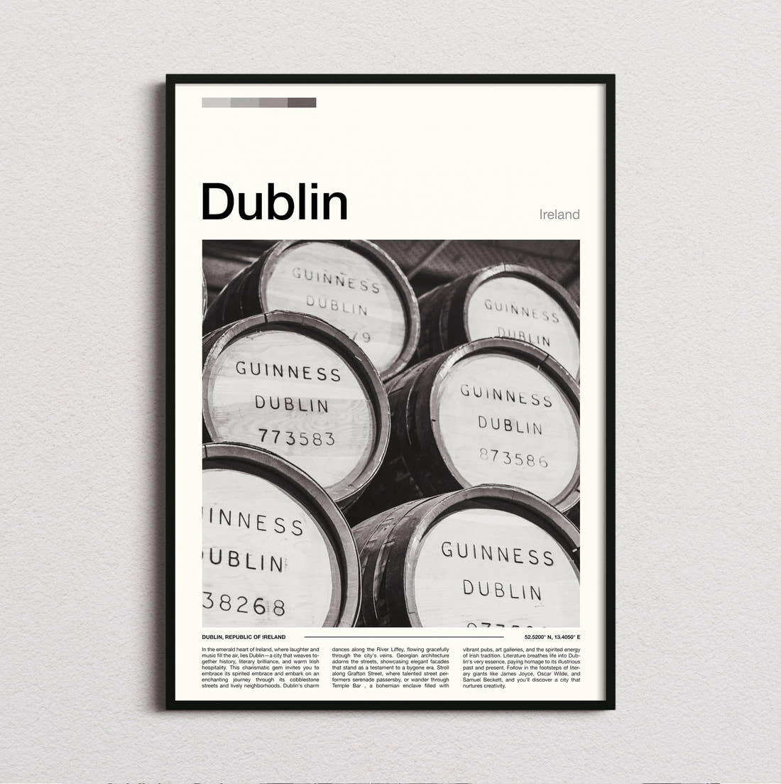 Dublin Guinness Barrels Travel Print framed and photographed straight on