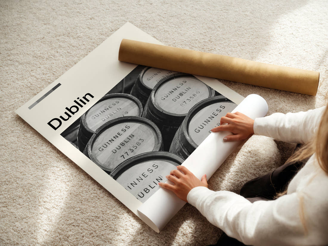 Dublin Guinness Barrels Travel Print being unrolled from its postal tube