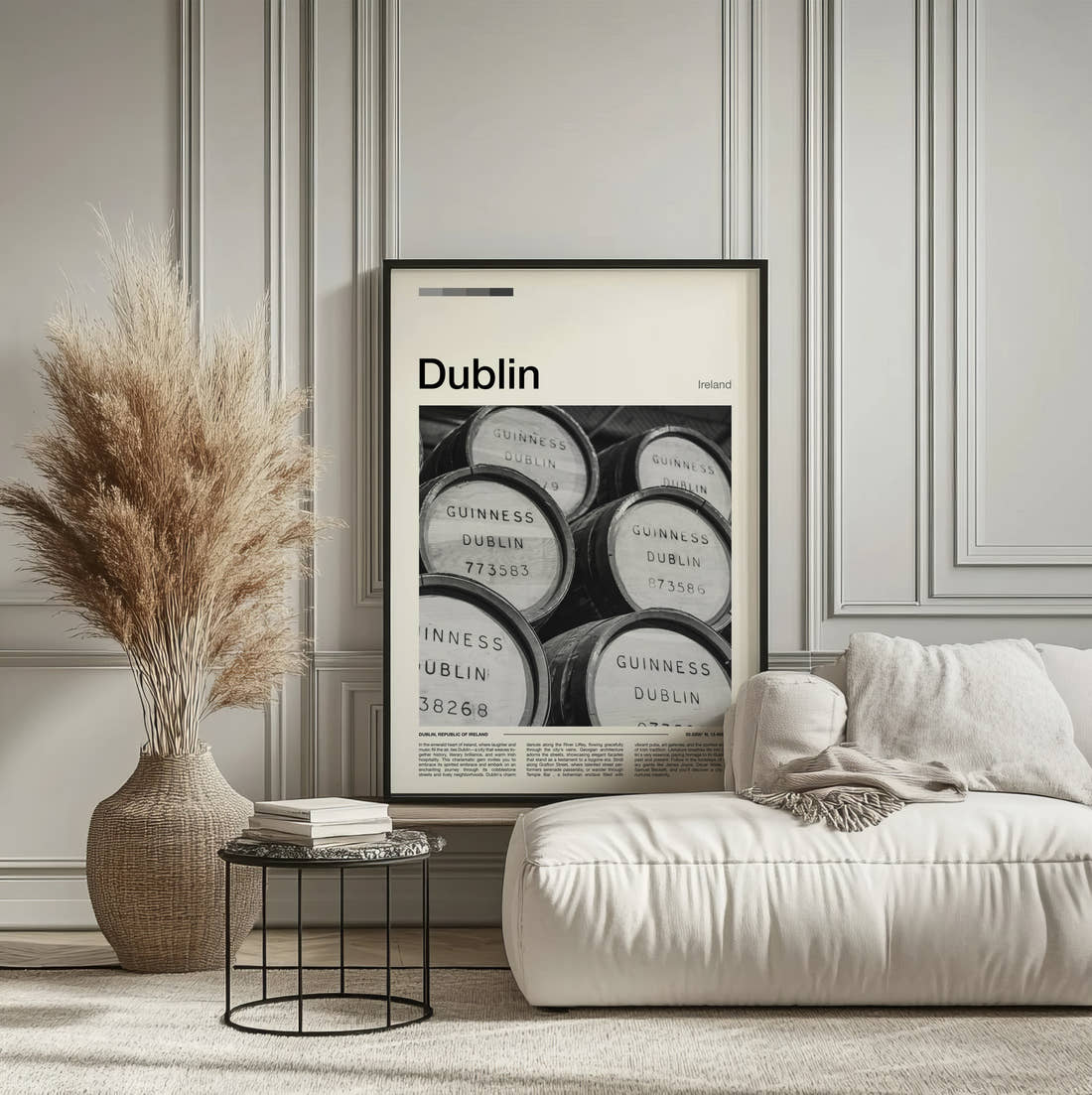 Dublin Guinness Barrels Travel Print framed on the wall of a calm, neutral bedroom