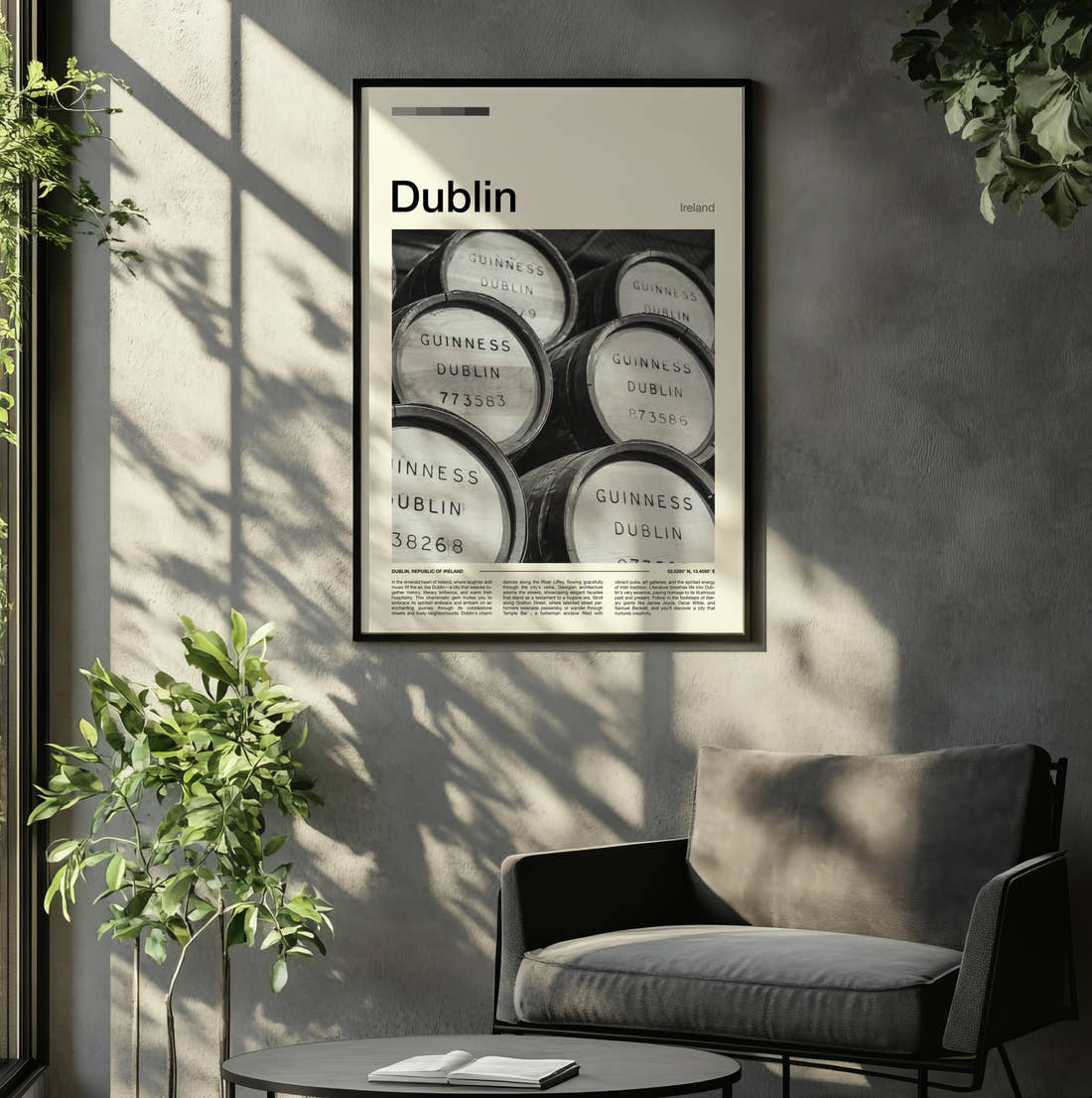 Dublin Guinness Barrels Travel Print framed on the wall of a relaxed living room