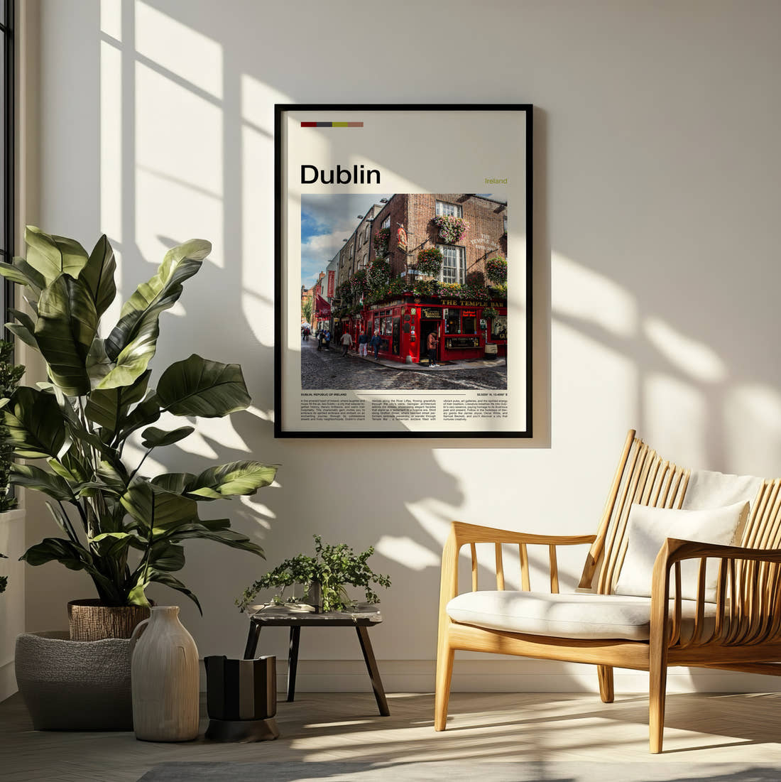 Dublin The Temple Bar Travel Print framed on a pale wall beside houseplants