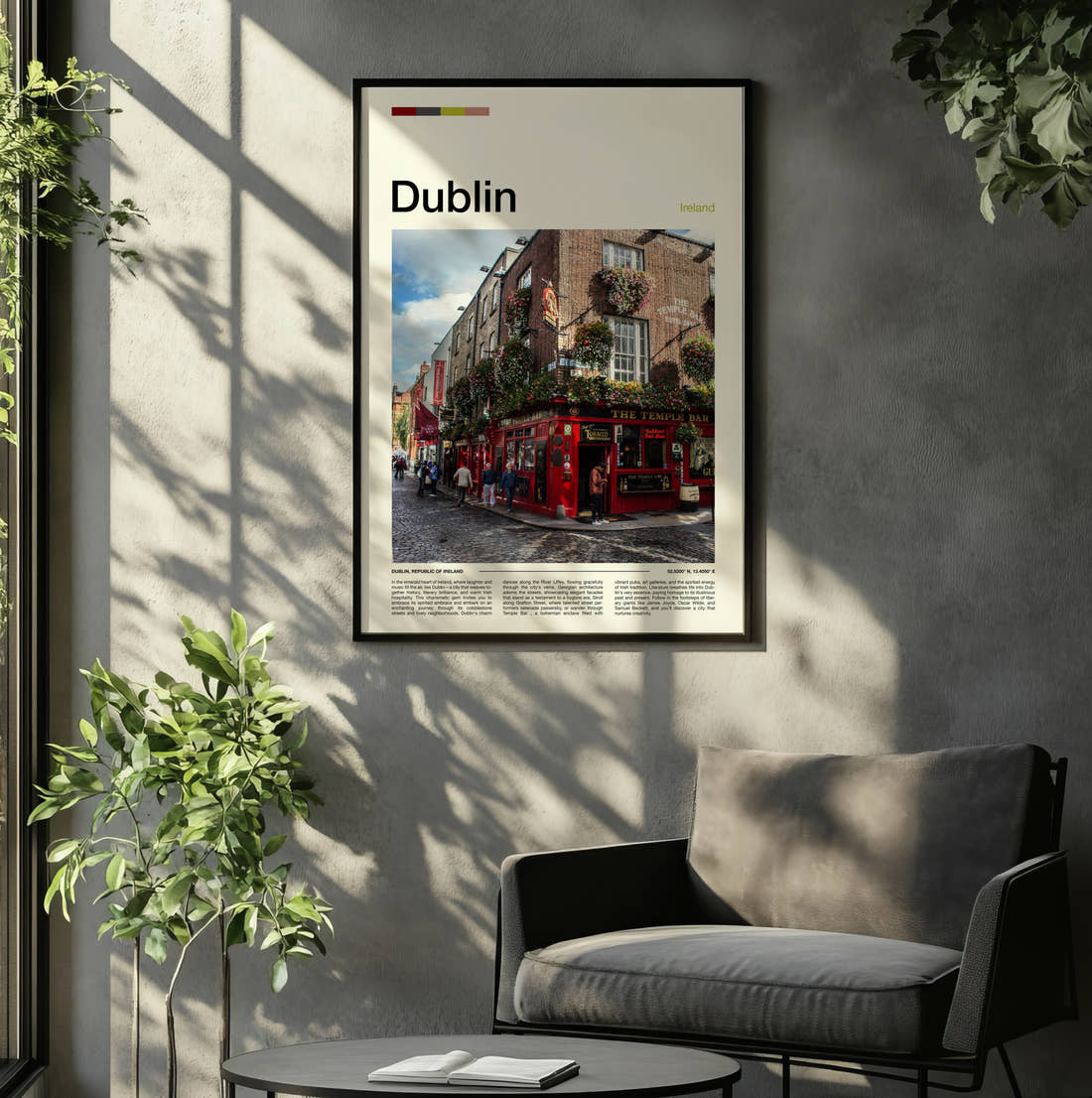 Dublin The Temple Bar Travel Print framed on the wall of a relaxed living room