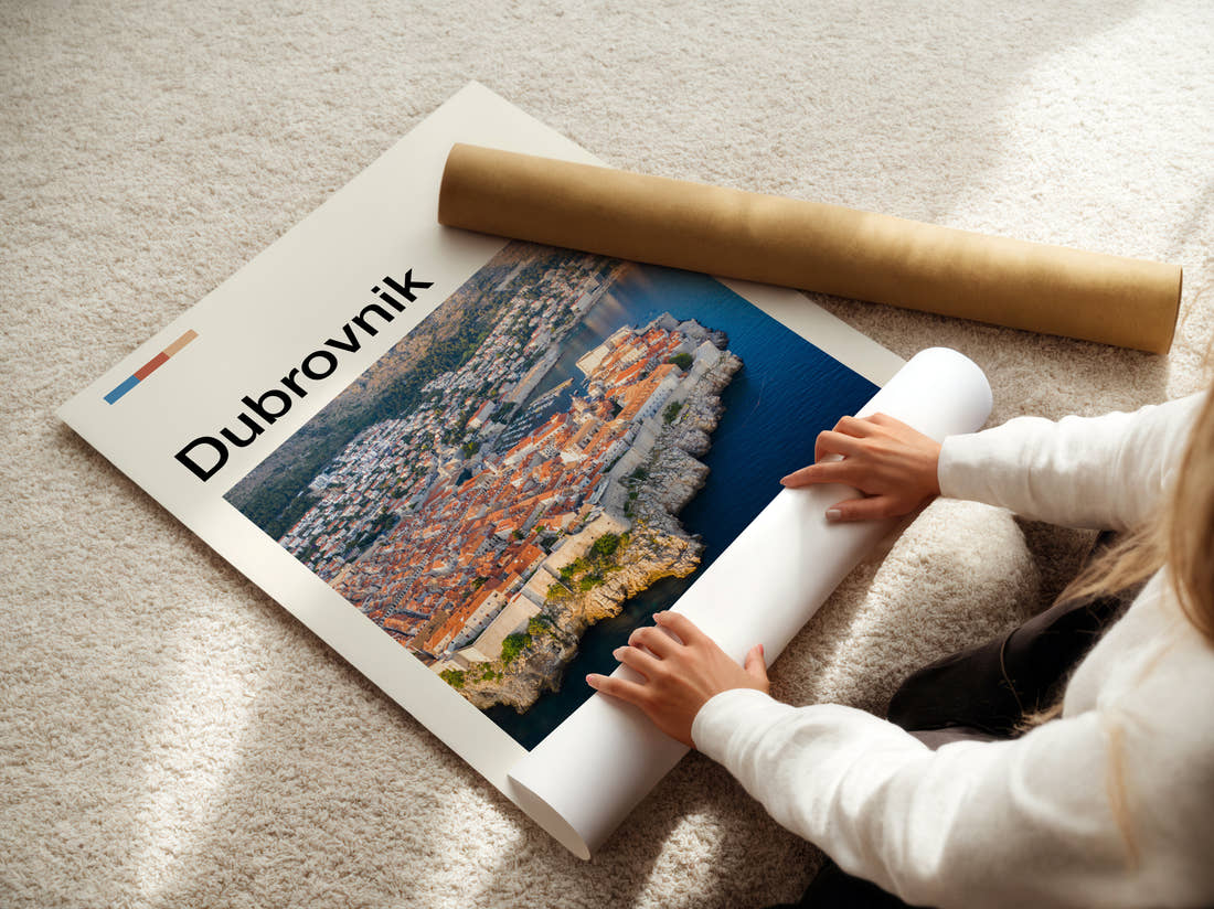 Dubrovnik Old Town Rooftops Travel Print being unrolled from its postal tube