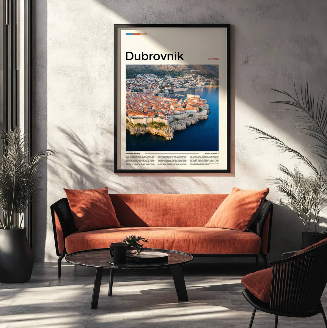 Dubrovnik Old Town Rooftops Travel Print framed on the wall of a modern living room