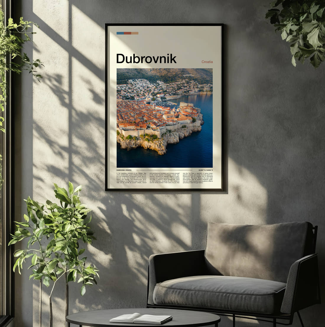 Dubrovnik Old Town Rooftops Travel Print framed on the wall of a relaxed living room