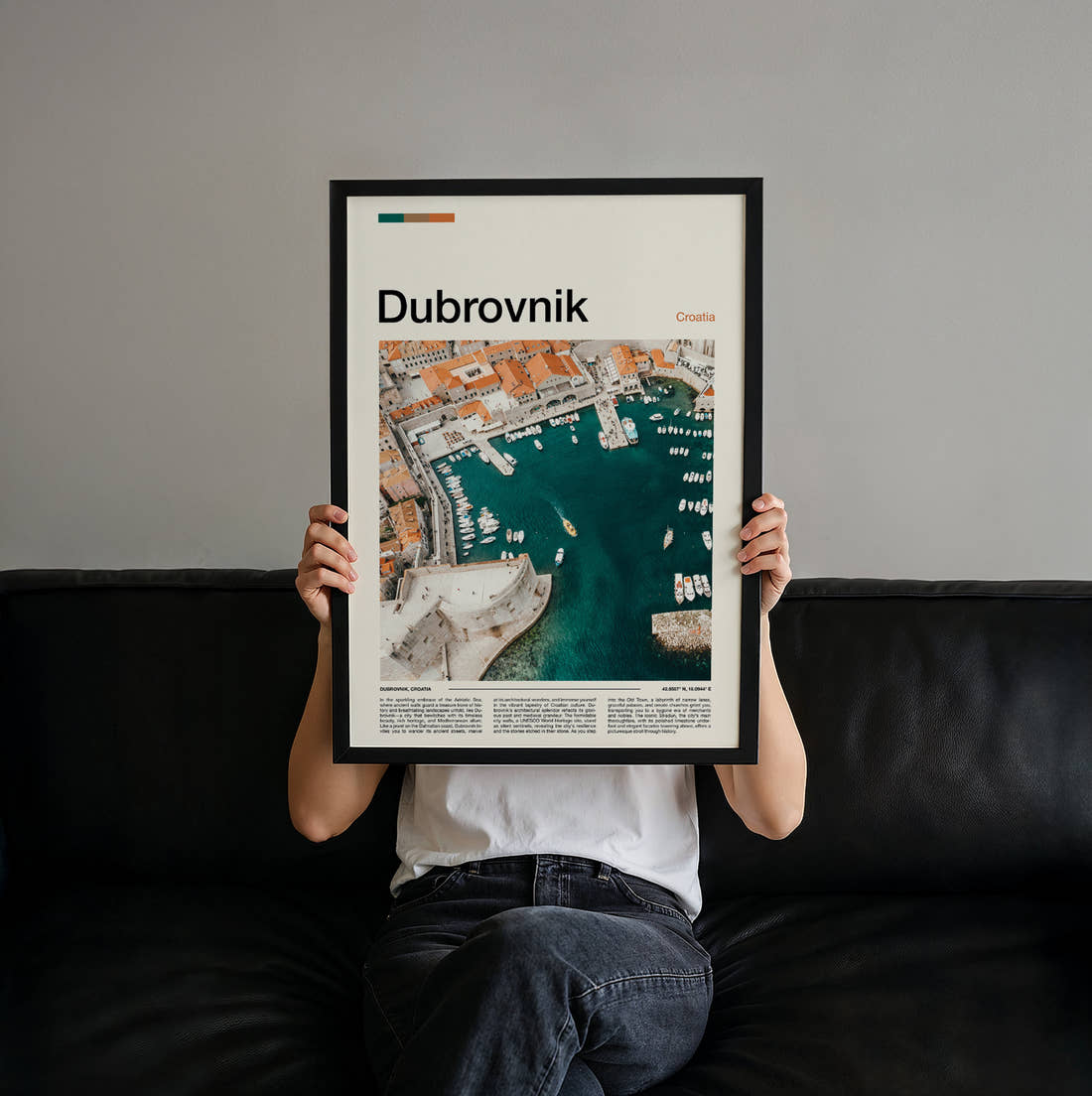 Dubrovnik Old Harbour Travel Print held up by hand to show the size of the print