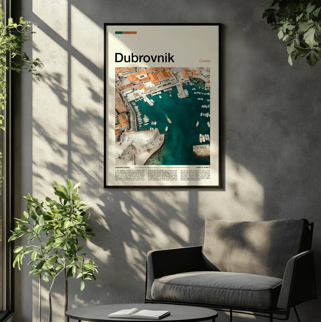 Dubrovnik Old Harbour Travel Print framed on the wall of a relaxed living room