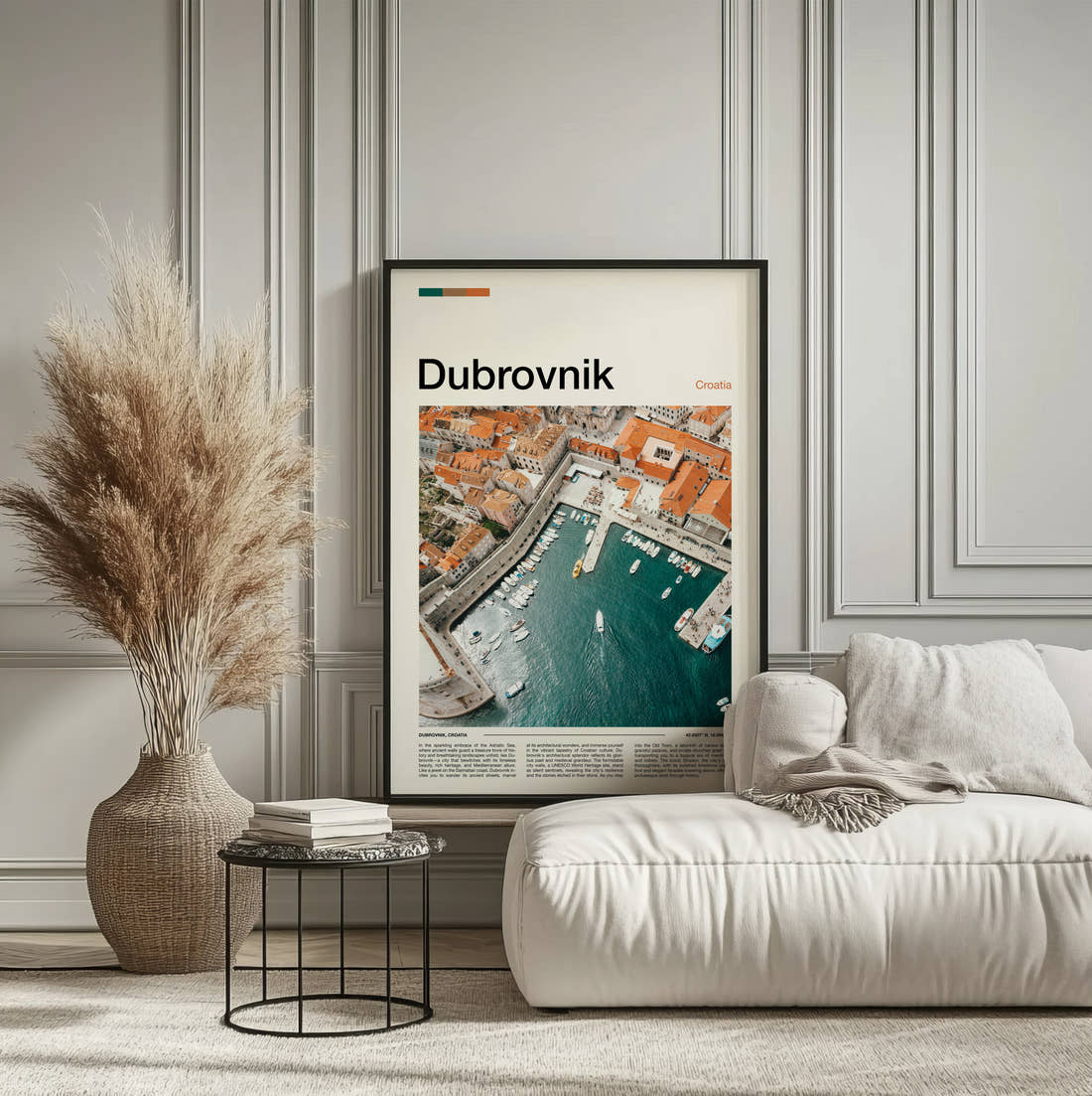 Dubrovnik Harbour From Above Travel Print framed on the wall of a calm, neutral bedroom