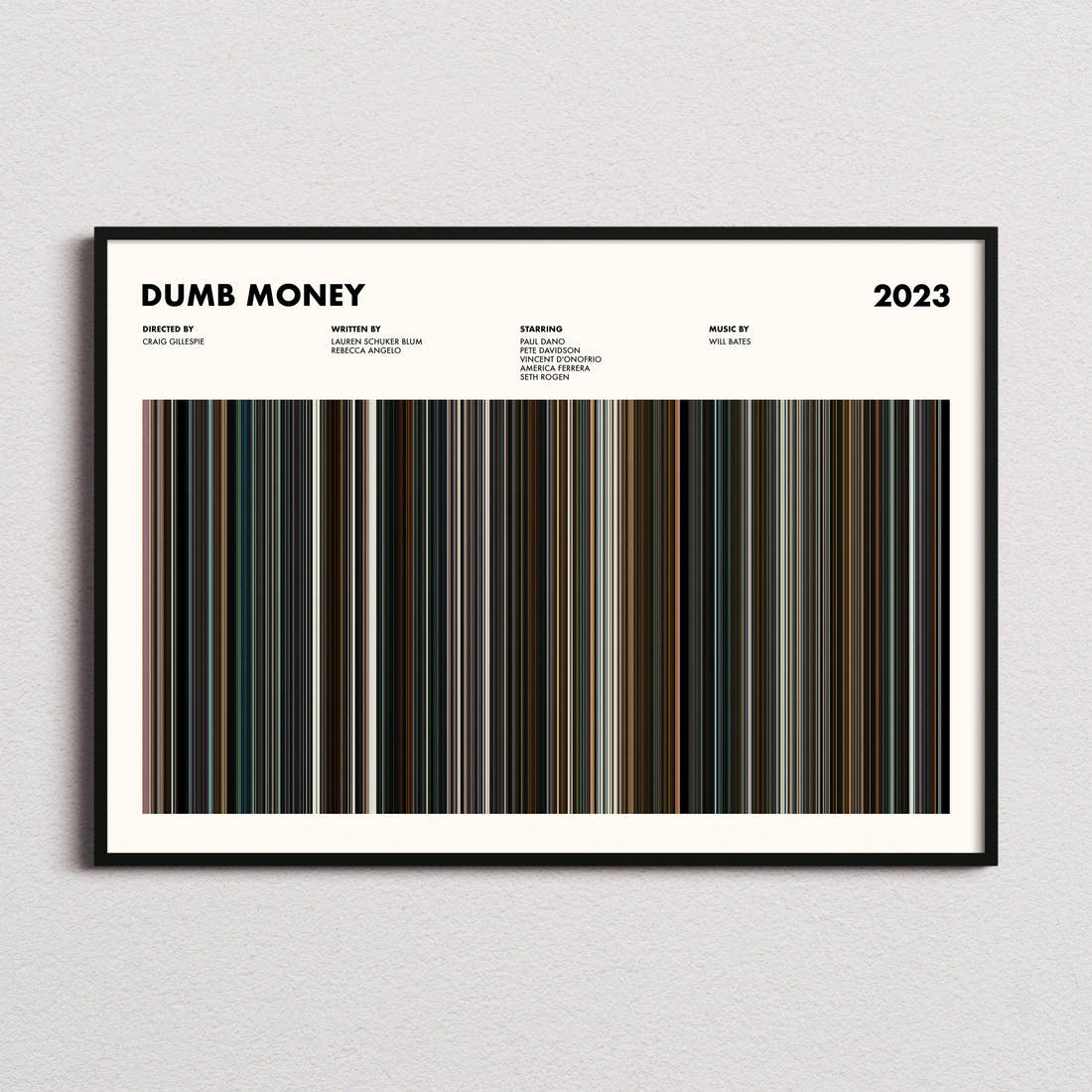 Dumb Money Movie Barcode Poster framed and photographed straight on