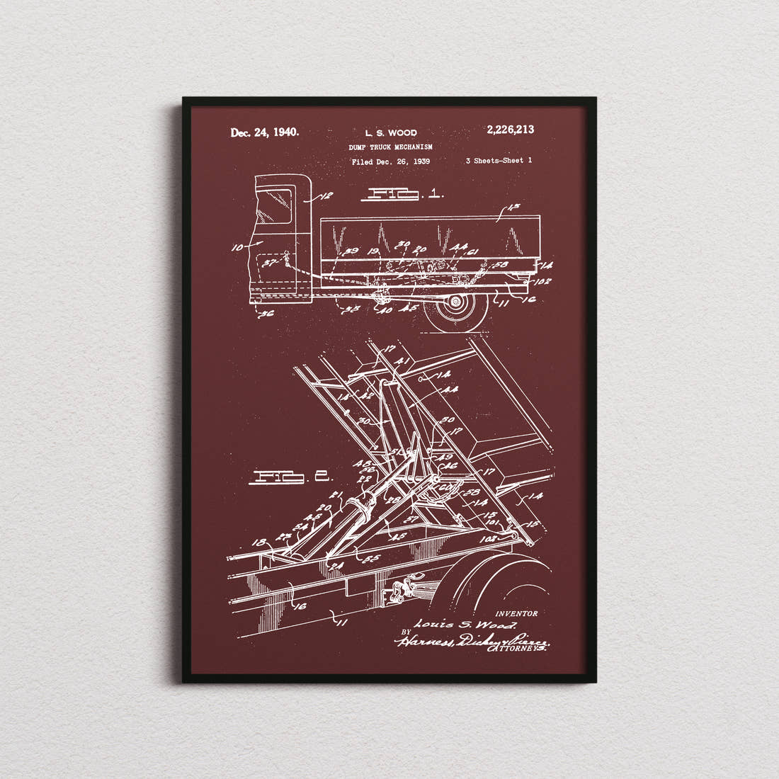 Dump Truck Patent Print in the burgundy colourway, framed