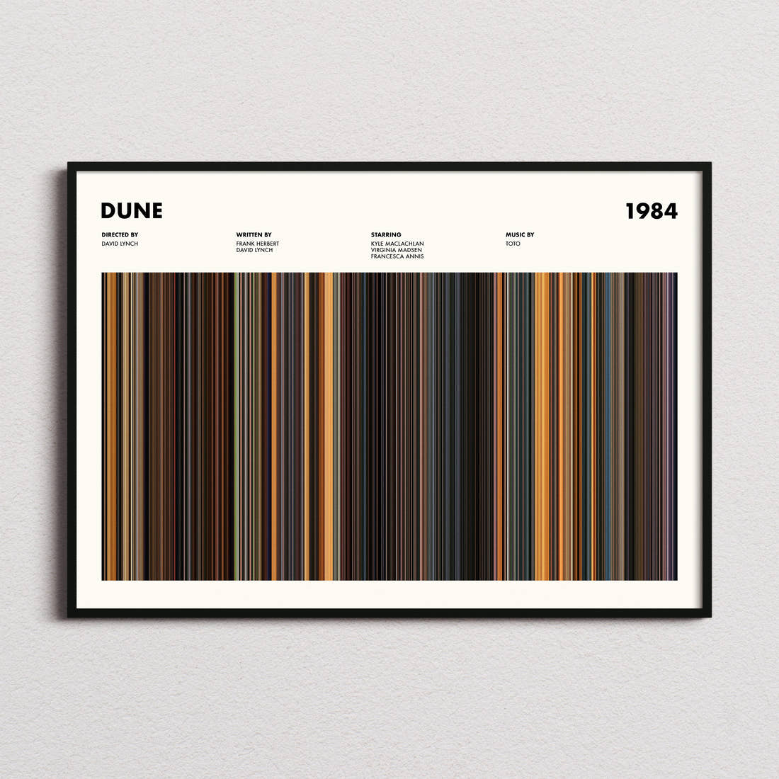 Dune 1984 Movie Barcode Poster framed and photographed straight on