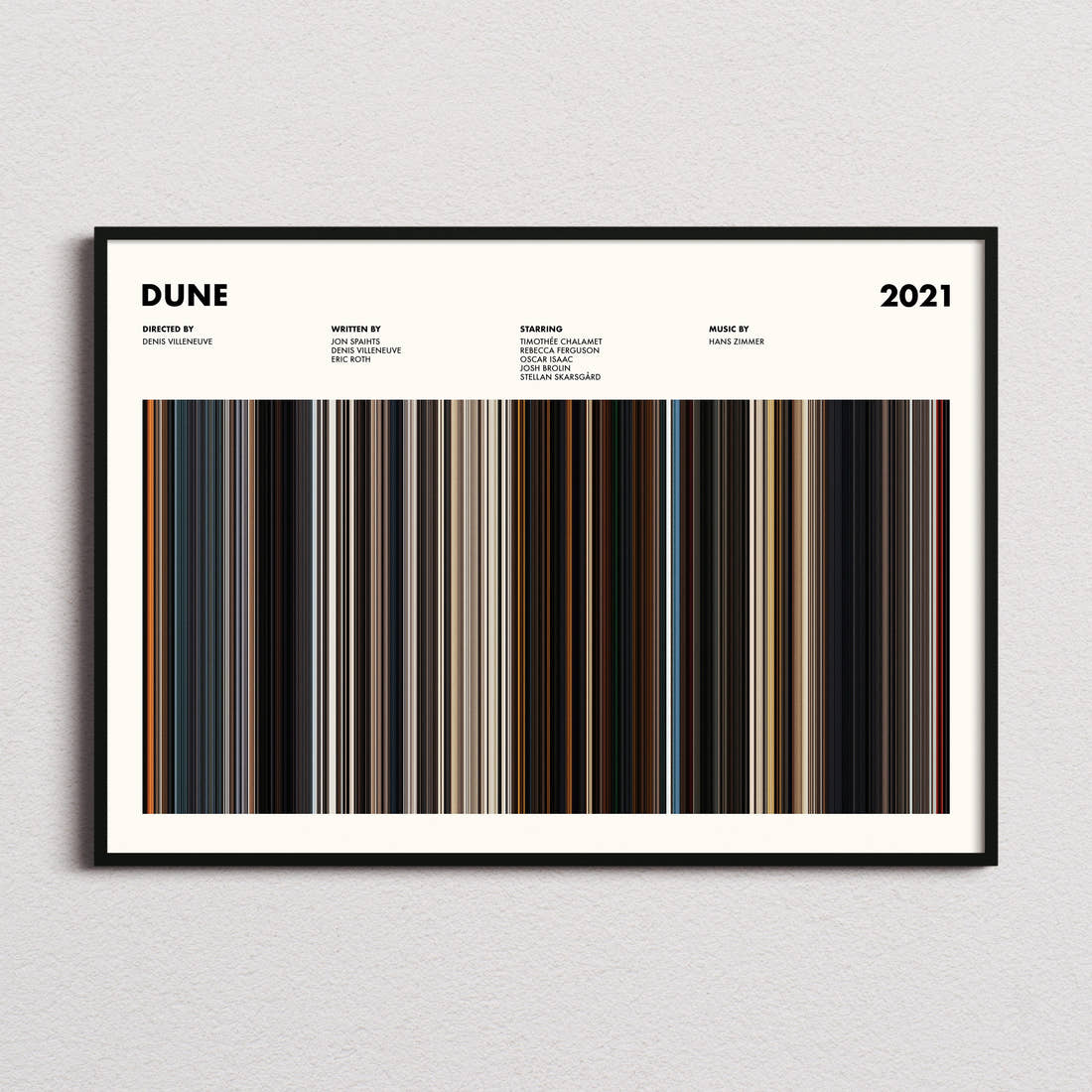 Dune 2021 Movie Barcode Poster framed and photographed straight on