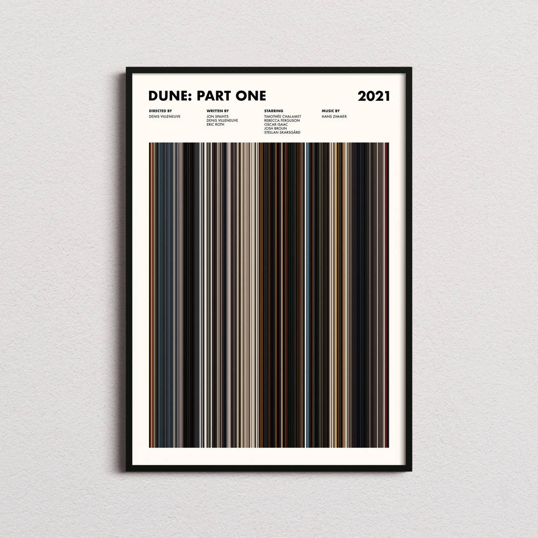 Dune: Part One Movie Barcode Poster framed on a plain studio wall