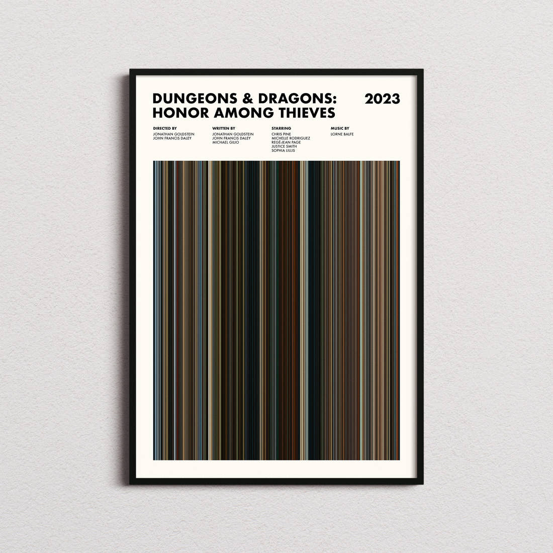 Dungeons and Dragons Honor Among Thieves Movie Barcode Poster framed on a plain studio wall