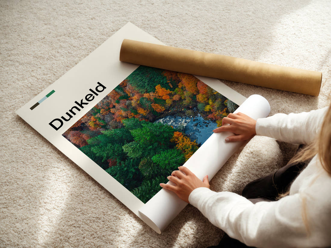 Dunkeld Autumn Forest River Travel Print being unrolled from its postal tube
