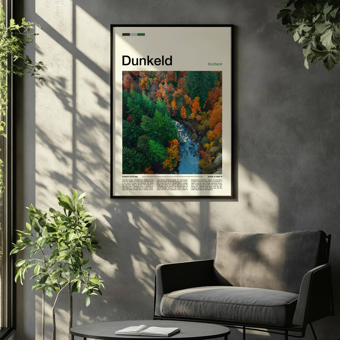 Dunkeld Autumn Forest River Travel Print framed on the wall of a relaxed living room