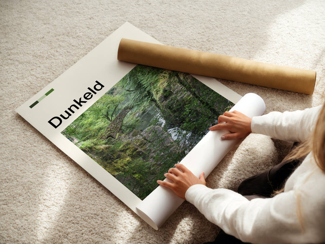 Dunkeld Mossy Gorge Bridge Travel Print being unrolled from its postal tube