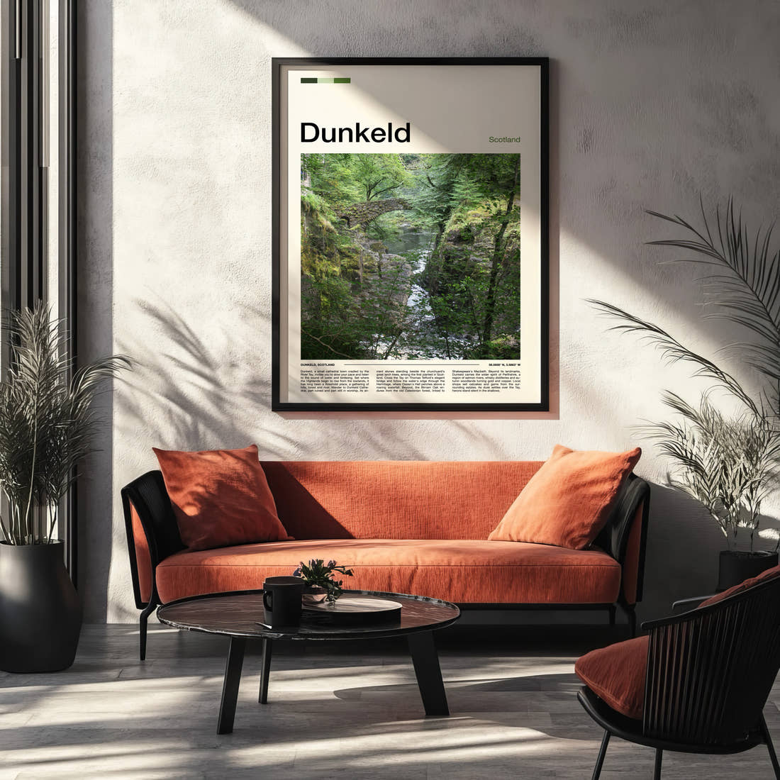 Dunkeld Mossy Gorge Bridge Travel Print framed on the wall of a modern living room