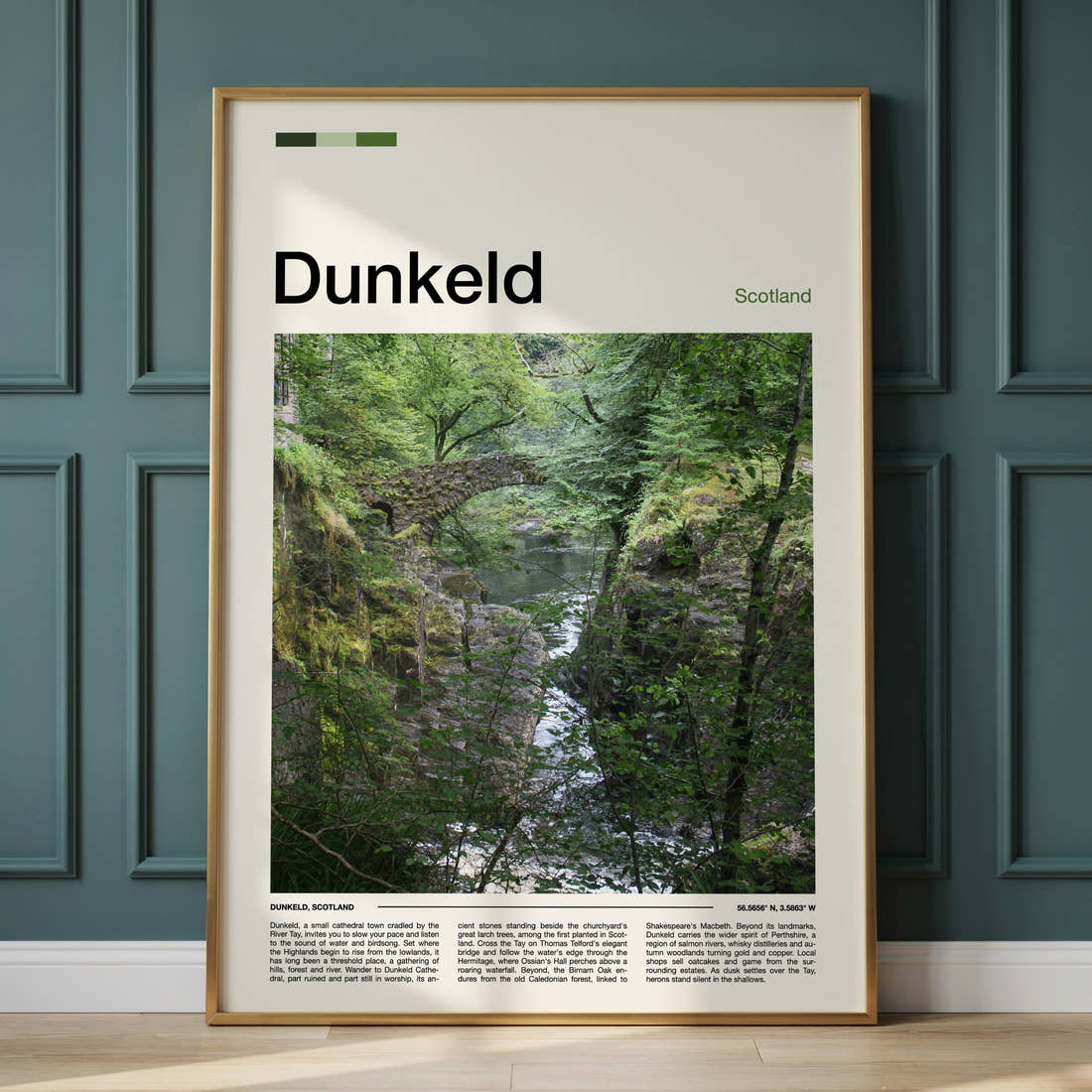 Dunkeld Mossy Gorge Bridge Travel Print framed on the wall of a calm, neutral bedroom