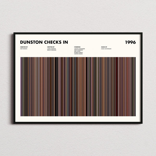 Dunston Checks In Movie Barcode Poster framed and photographed straight on