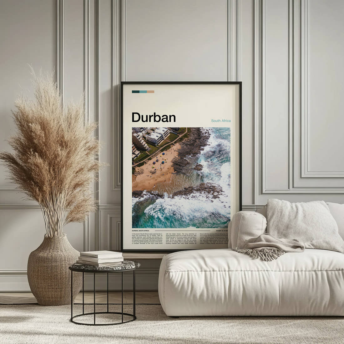 Durban Coastline From Above Travel Print framed on the wall of a calm, neutral bedroom