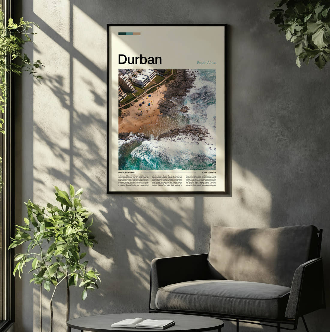 Durban Coastline From Above Travel Print framed on the wall of a relaxed living room