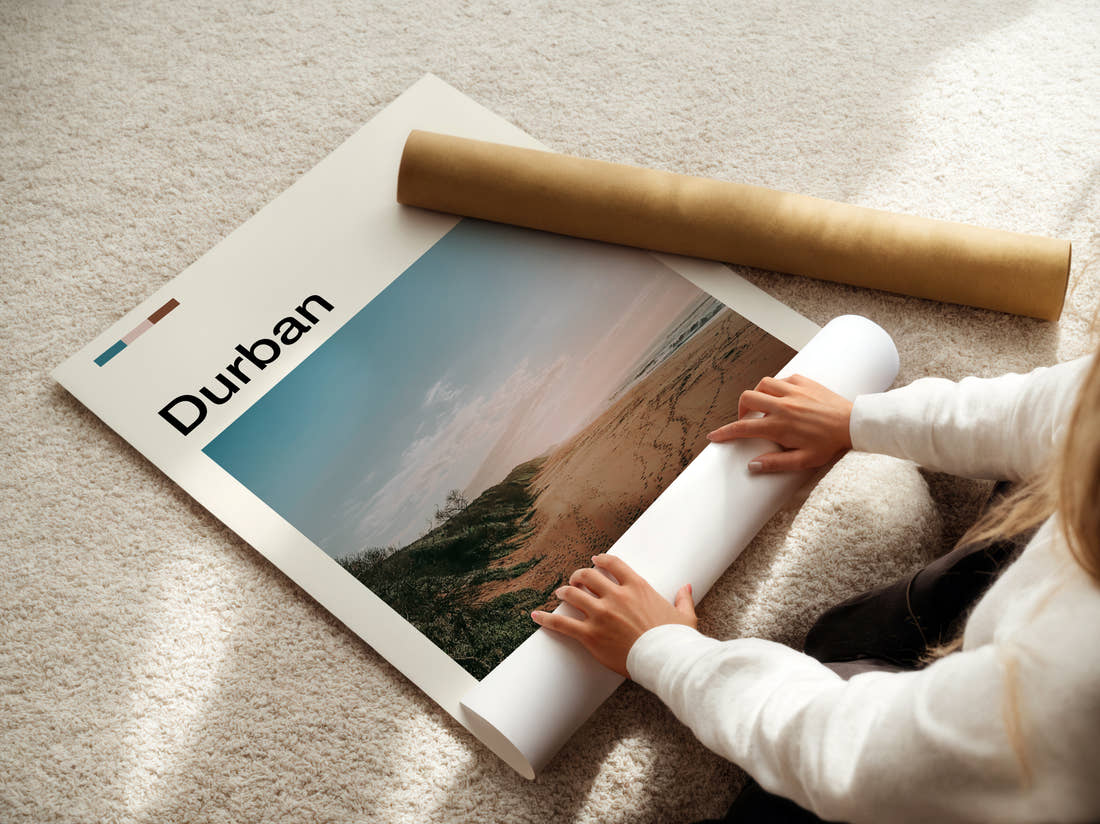 Durban Empty Beach Travel Print being unrolled from its postal tube